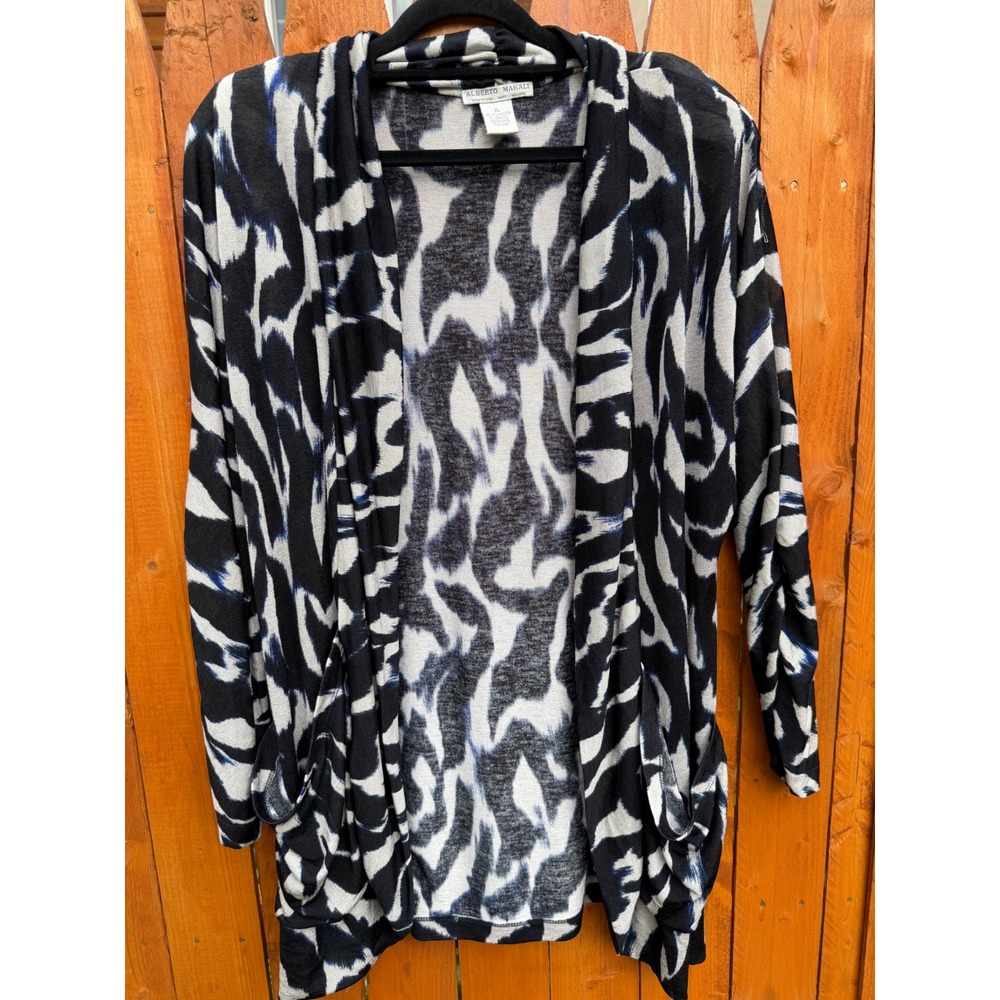 Alberto Makali Abstract Animal Print Open Front Cardigan XL Black White Blue